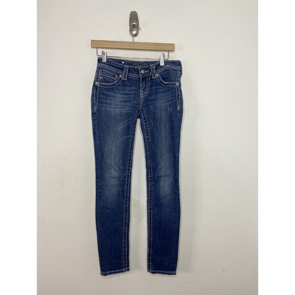Miss Me Womens 26X32  Blue Denim Jeans Skinny Stretch Fleur De Lis - Picture 2 of 8